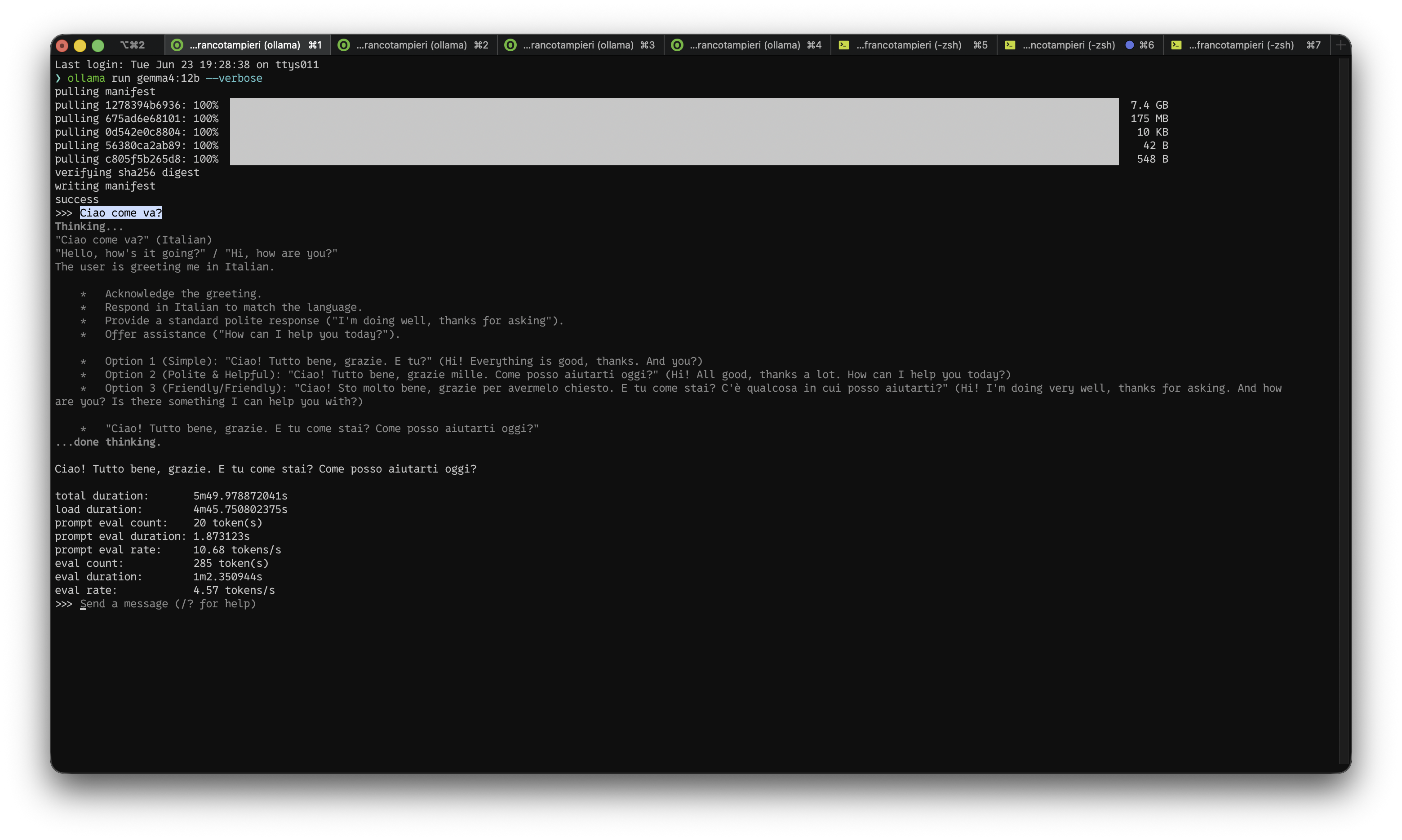 Primo avvio di gemma4:12b: 4,57 token/s e quasi 5 minuti totali